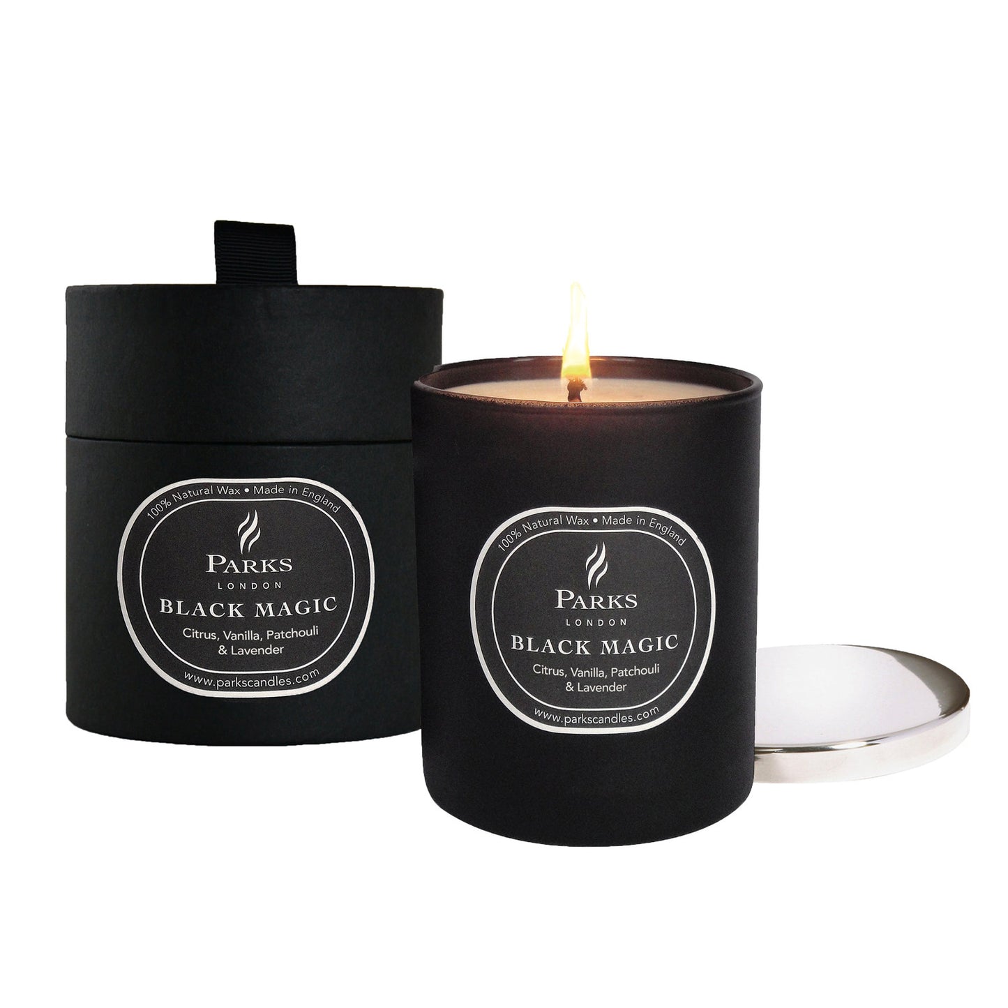 Parks London Black Magic candle with vanilla patchouli lavender in luxury gift box, natural wax