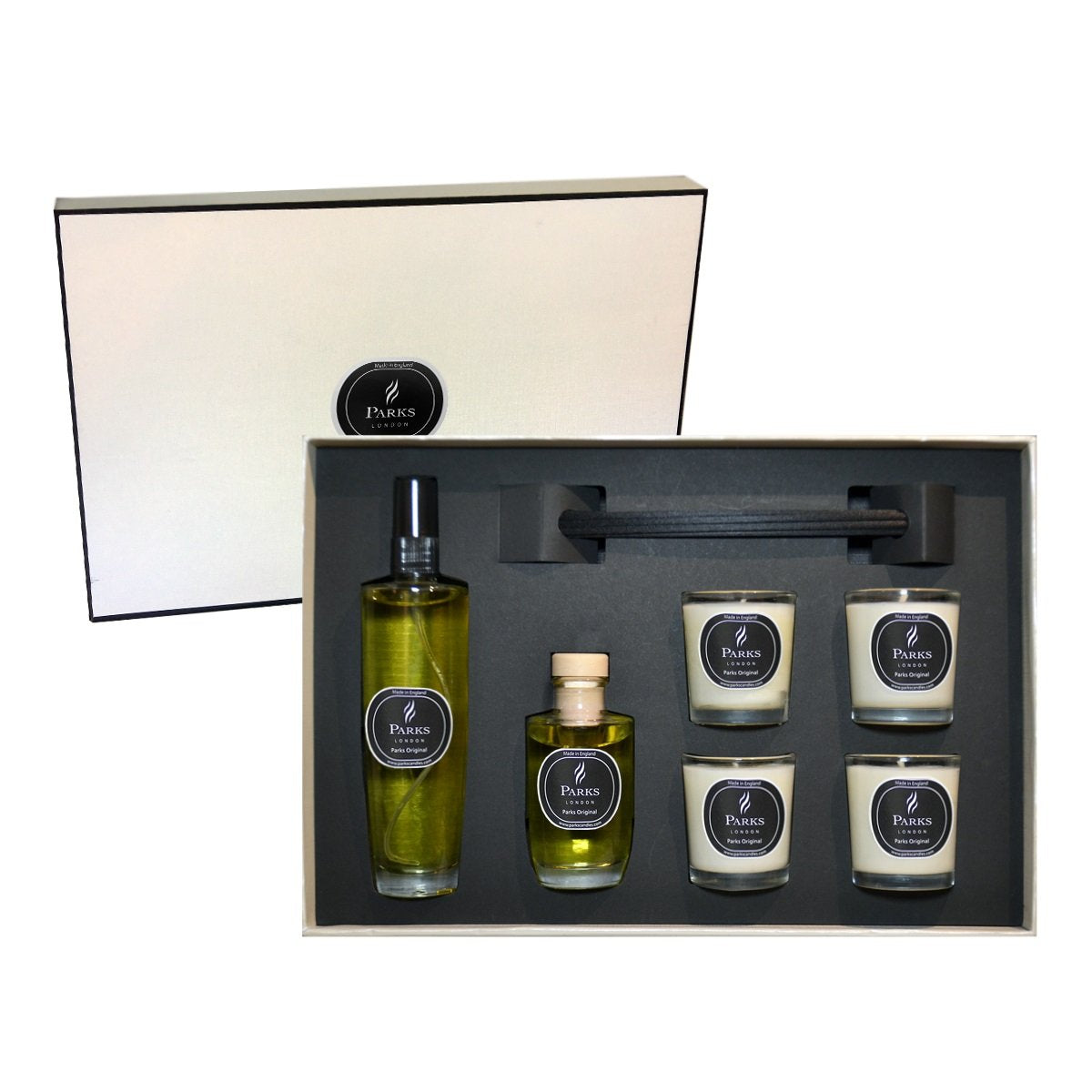 Parks London Original luxury gift set with 4 votive candles reed diffuser and room spray in gift box