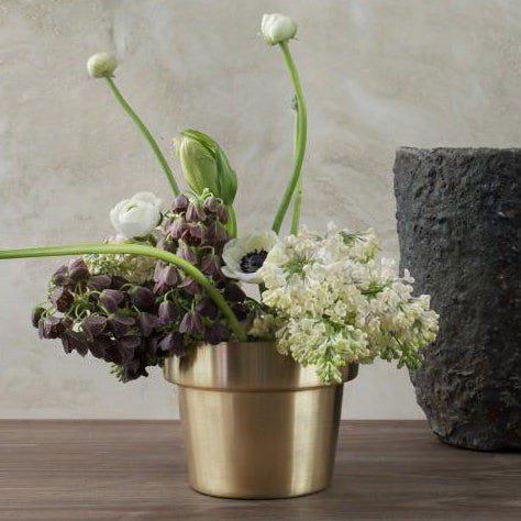 Skultuna aged brass plant pot by Monica Foerster, terracotta-inspired design, Swedish craftsmanship